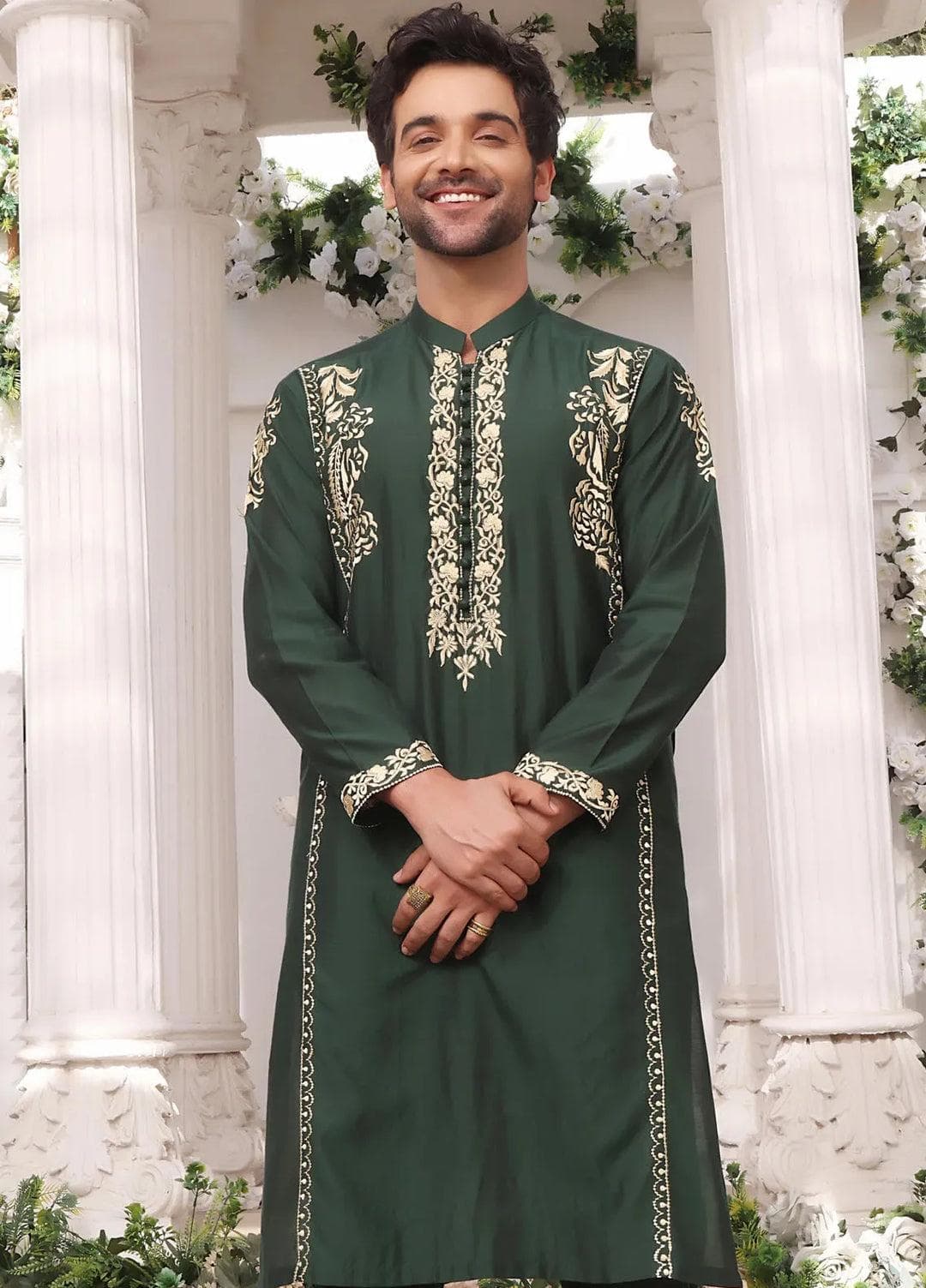 Green Gold Embroidered Men Panjabi